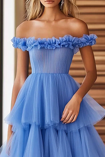 Off The Shoulder Blue Ruffled Tiered Long Formal Dress